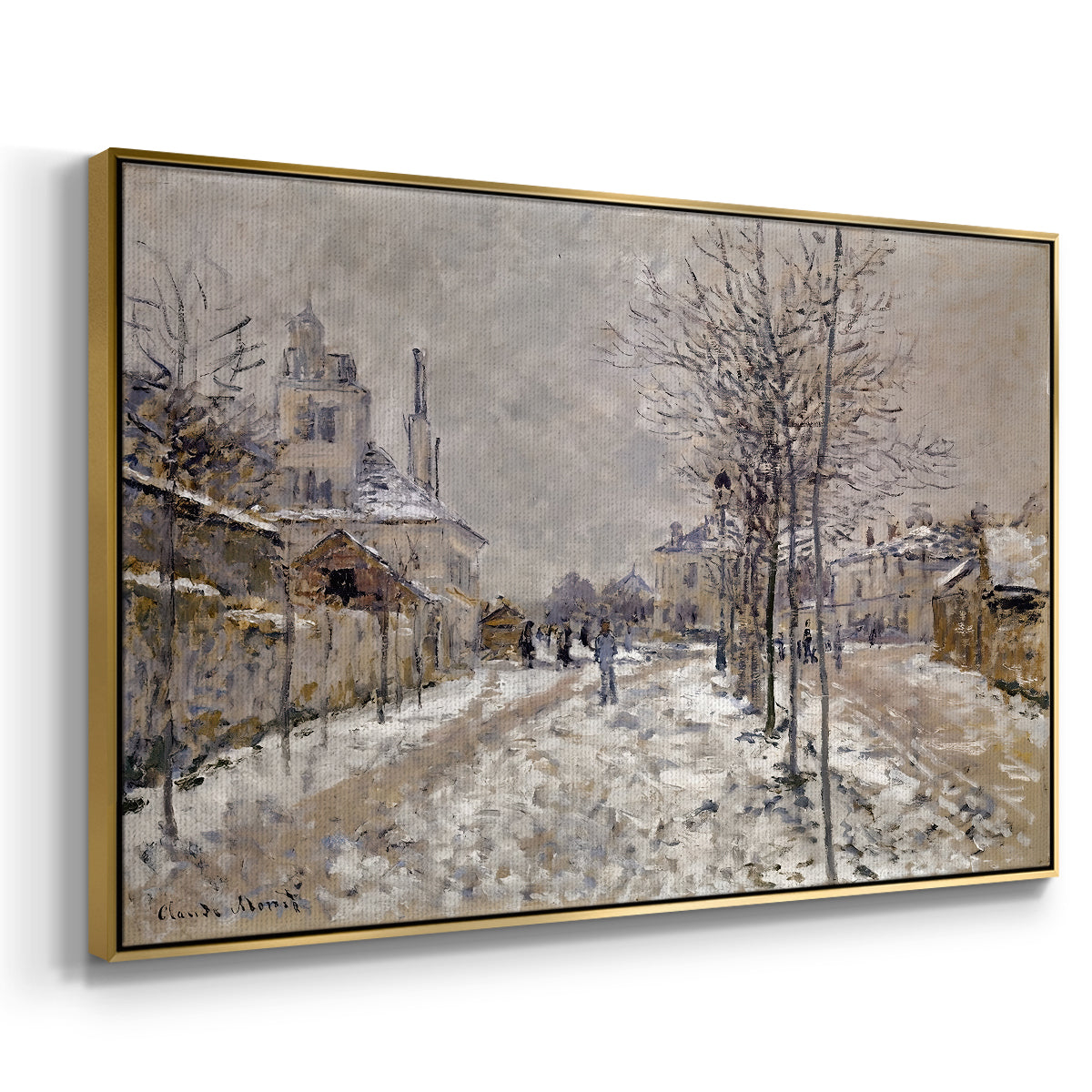Angled view of The Boulevard de Pontoise at Argenteuil, Snow Effect, 1875 by Claude Monet in a gold floater framed canvas.
