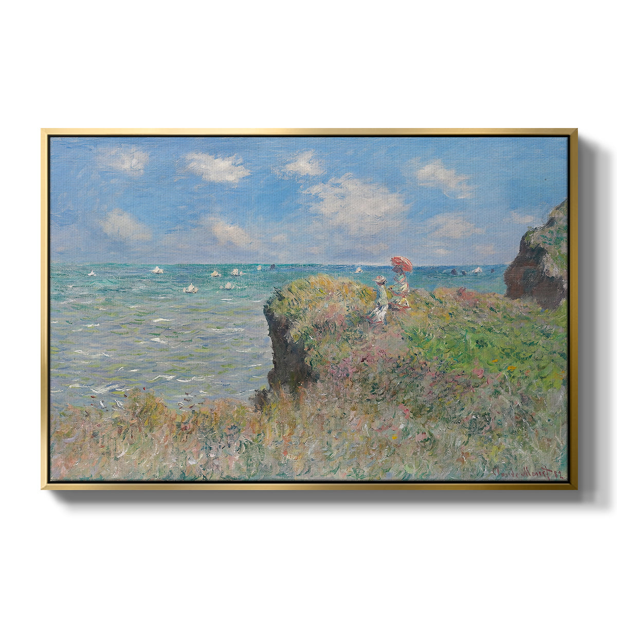 The Cliff Walk at Pourville, 1882 by Claude Monet in a gold floater framed canvas wall art display.