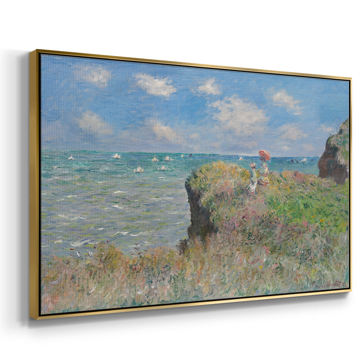 Angled view of The Cliff Walk at Pourville, 1882 by Claude Monet in a gold floater framed canvas.