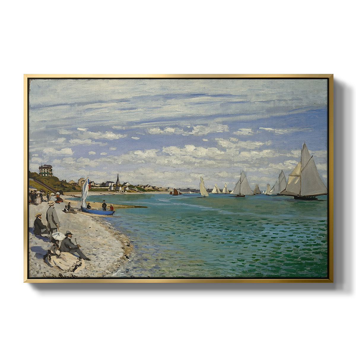 Regatta at Sainte-Adresse, 1867 by Claude Monet in a gold floater framed canvas wall art display.