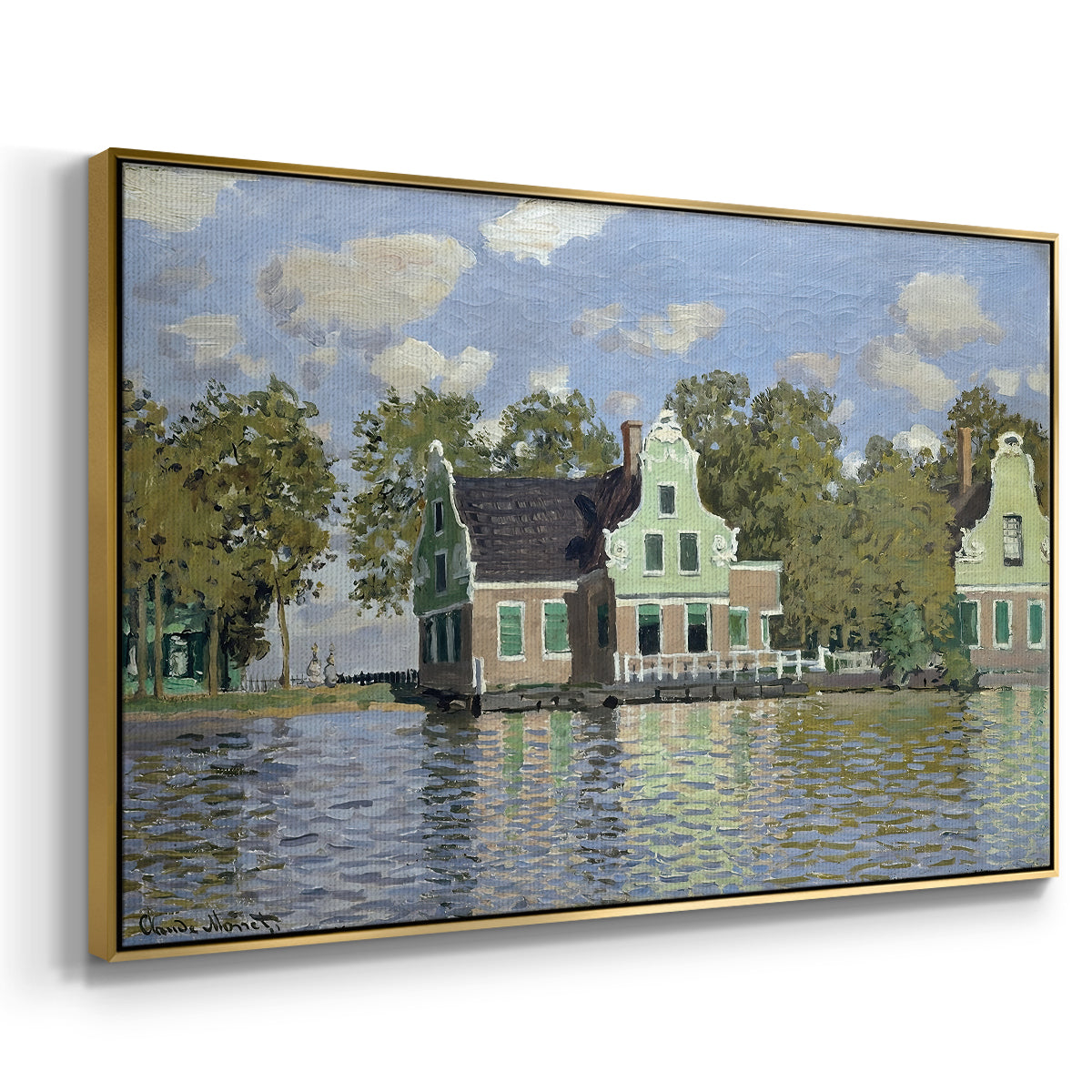 Angled view of Houses on the Zaan River at Zaandam, 1871 by Claude Monet in a gold floater framed canvas.
