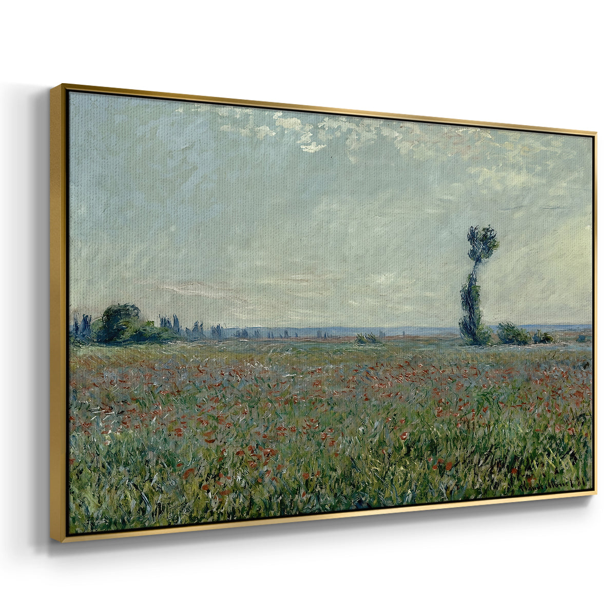 Angled view of Poppy Field, 1881 by Claude Monet in a gold floater framed canvas.