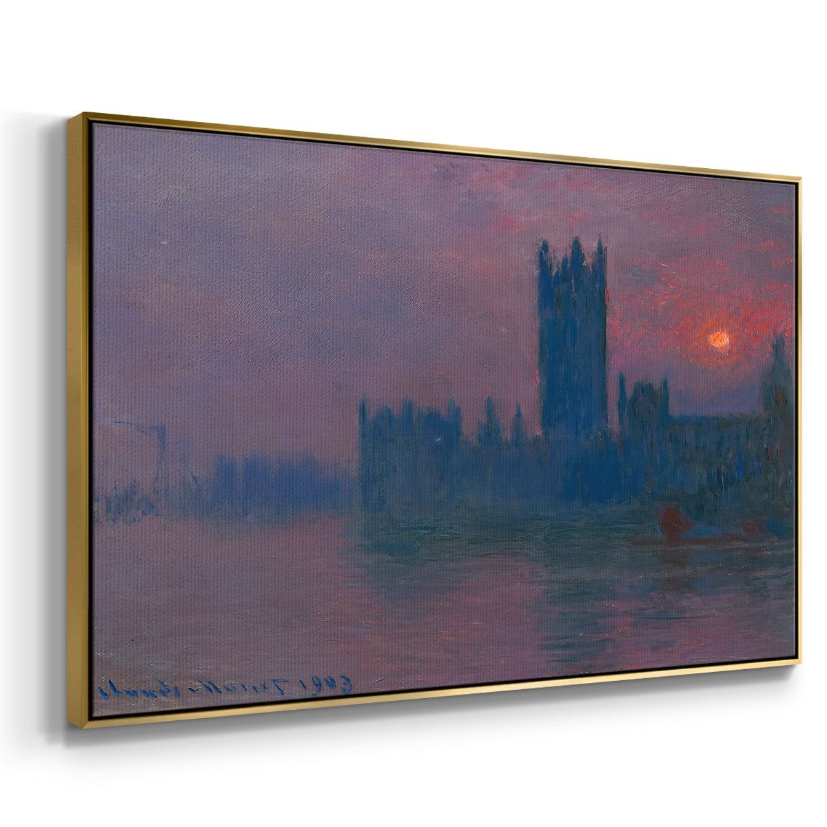 Angled view of The Houses of Parliament, Sunset, 1903 by Claude Monet in a gold floater framed canvas.