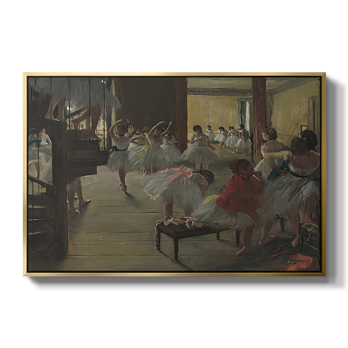 The Dance Class, c. 1873 by Edgar Degas in a gold floater framed canvas wall art display.