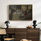 The Dance Class, c. 1873 by Edgar Degas displayed in a gold floater framed canvas above a dark wood credenza in an entryway.