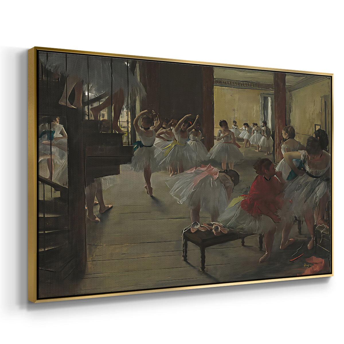 Angled view of The Dance Class, c. 1873 by Edgar Degas in a gold floater framed canvas.