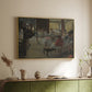 Gold floater framed canvas of The Dance Class, c. 1873 by Edgar Degas, featuring a rehearsal scene with dancers stretching and posing indoors above a sideboard in a softly lit hallway.