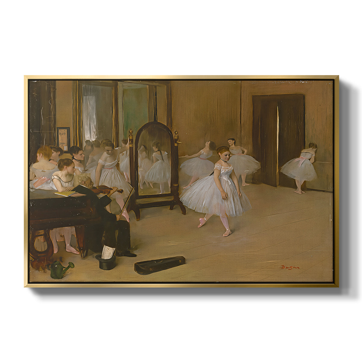 The Dancing Class, c. 1870 by Edgar Degas in a gold floater framed canvas wall art display.