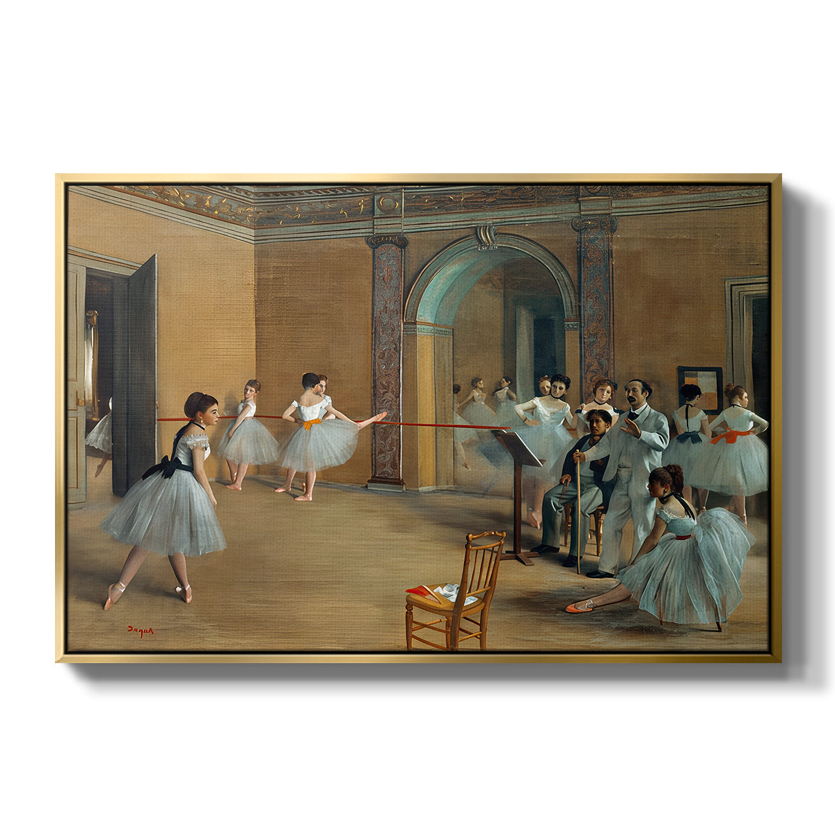 The Dance Foyer at the Opera on the Rue Le Peletier, 1872 by Edgar Degas in a gold floater framed canvas wall art display.