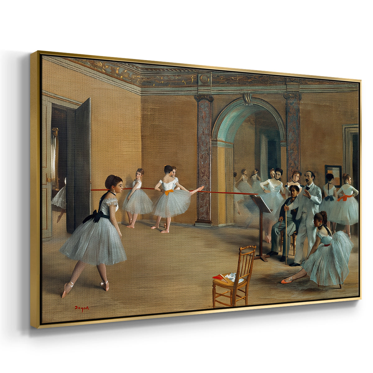 Angled view of The Dance Foyer at the Opera on the Rue Le Peletier, 1872 by Edgar Degas in a gold floater framed canvas.