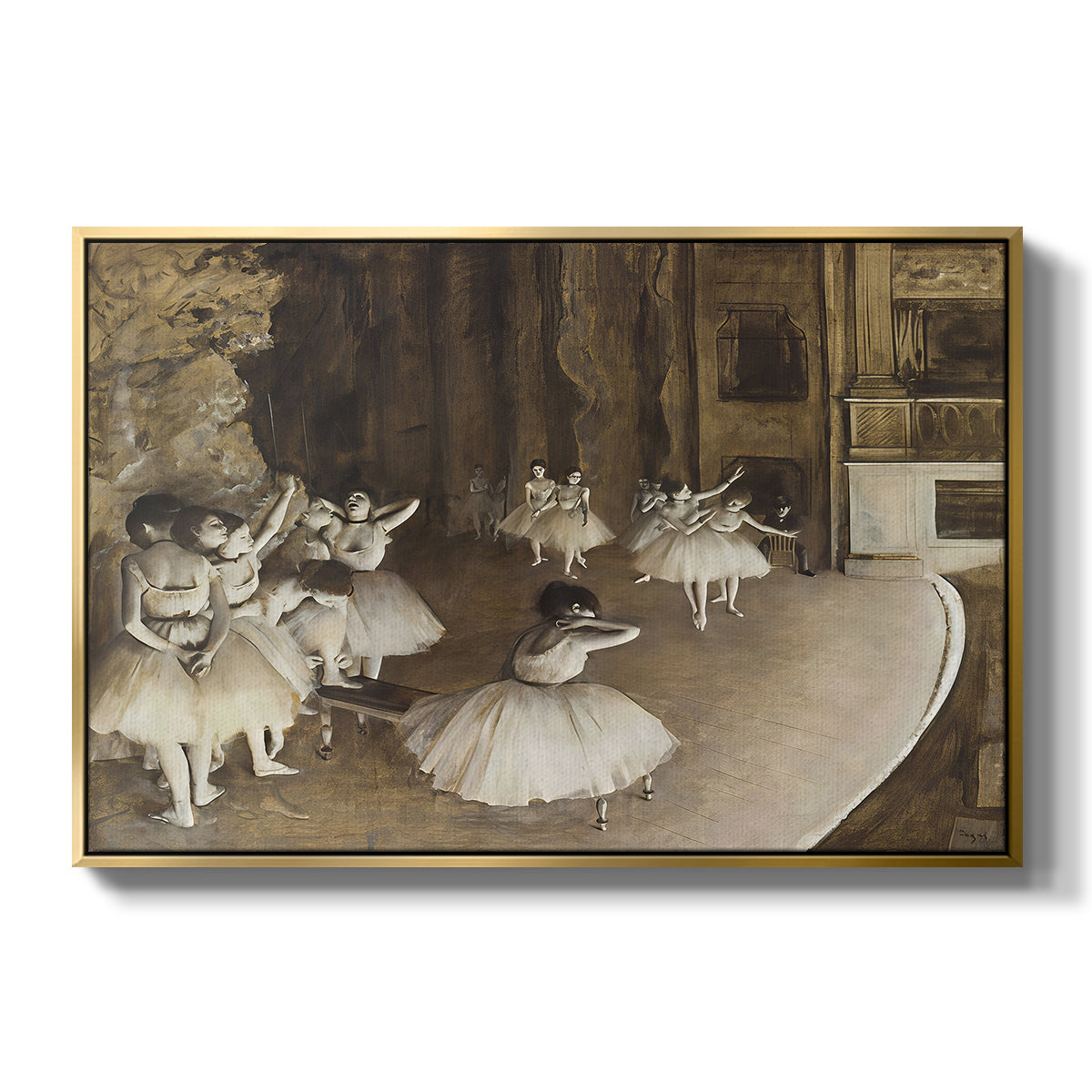 The Rehearsal of the Ballet Onstage, 1874 by Edgar Degas in a gold floater framed canvas wall art display.