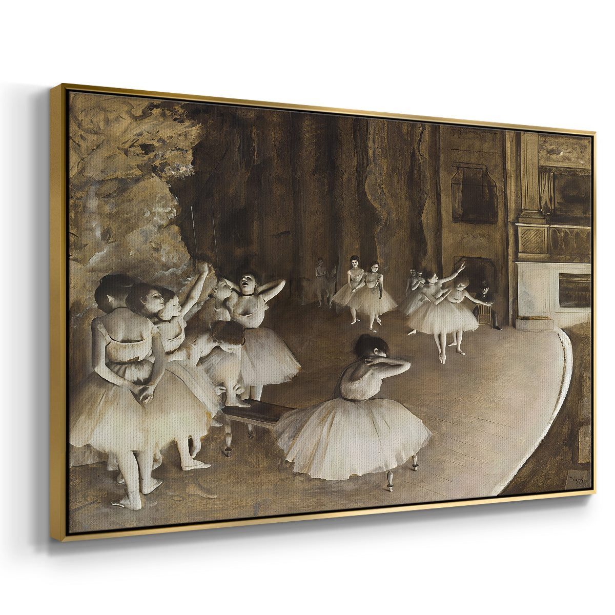 Angled view of The Rehearsal of the Ballet Onstage, 1874 by Edgar Degas in a gold floater framed canvas.