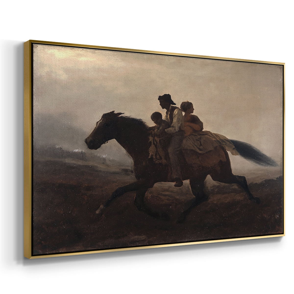 Angled view of A Ride for Liberty – The Fugitive Slaves, c. 1862 by Eastman Johnson in a gold floater framed canvas.