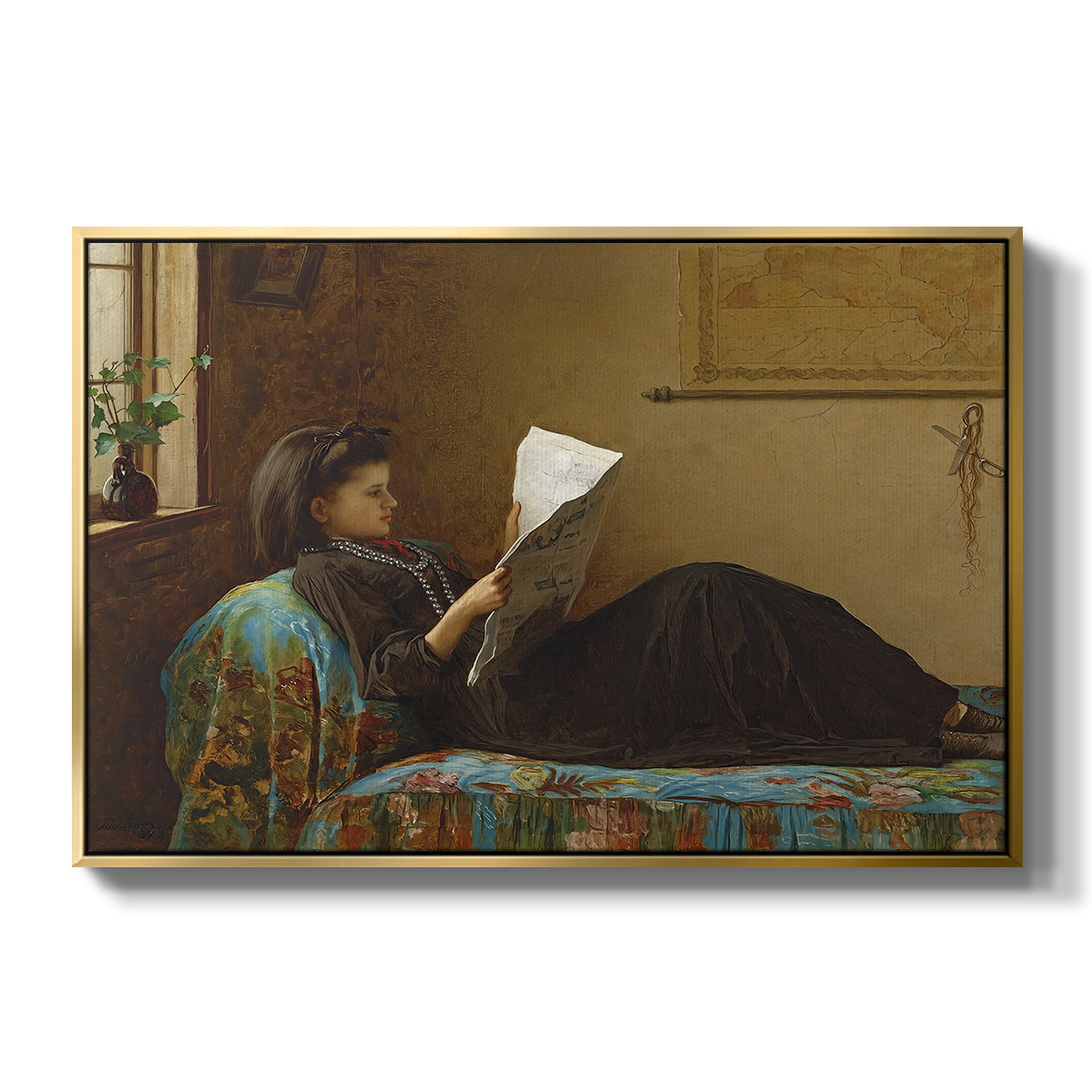 Interesting News, 1872 by Eastman Johnson in a gold floater framed canvas wall art display.