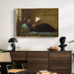 Interesting News, 1872 by Eastman Johnson displayed in a gold floater framed canvas above a dark wood credenza in an entryway.