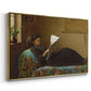 Angled view of Interesting News, 1872 by Eastman Johnson in a gold floater framed canvas.