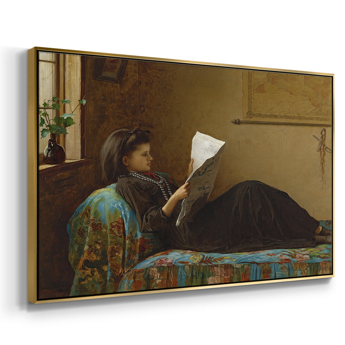 Angled view of Interesting News, 1872 by Eastman Johnson in a gold floater framed canvas.