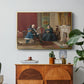 The Brown Family, 1869 by Eastman Johnson in a gold floater framed canvas featuring a family seated together in interior room engaged in quiet activity, displayed above a wood console cabinet.