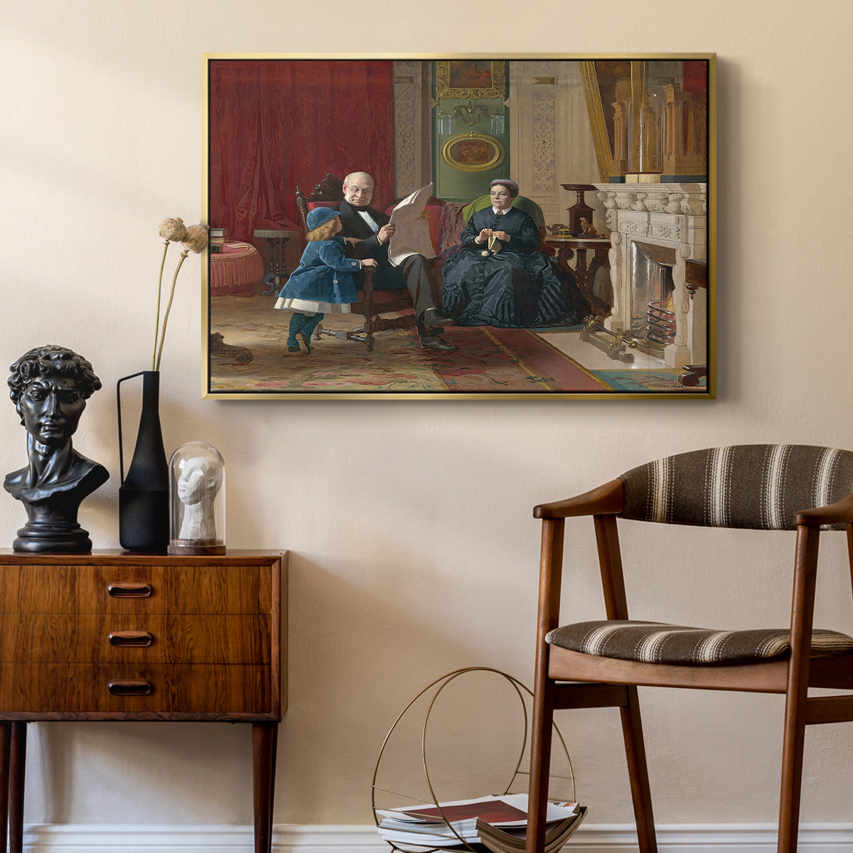 The Brown Family, 1869 by Eastman Johnson as a gold floater framed canvas featuring an Americana scene with figures sitting and interacting indoors, styled above a mid-century console in a contemporary living area.