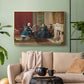 Gold floater framed canvas featuring a family group portrait with warm interior tones, displayed above a sofa in a modern living room.