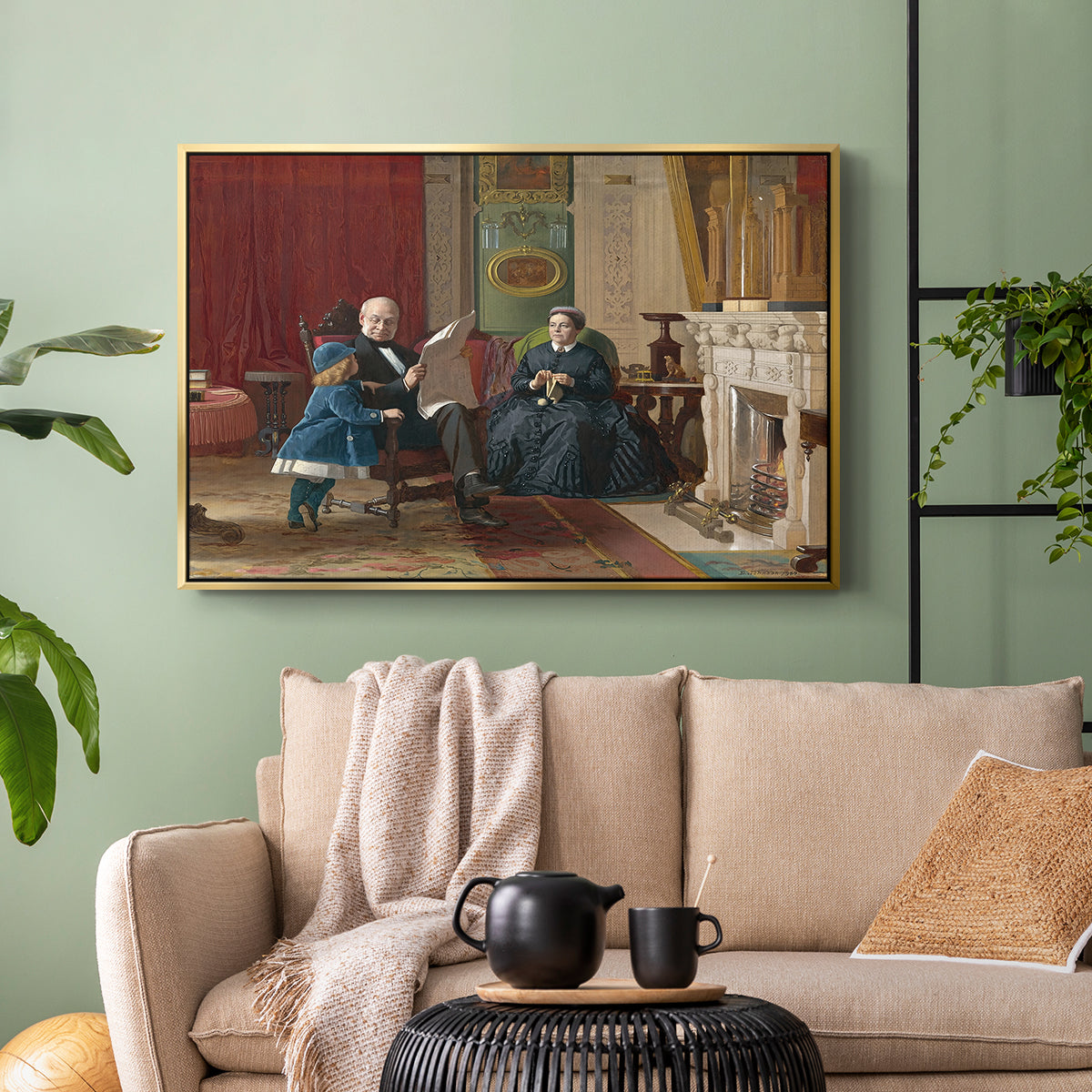 Gold floater framed canvas featuring a family group portrait with warm interior tones, displayed above a sofa in a modern living room.