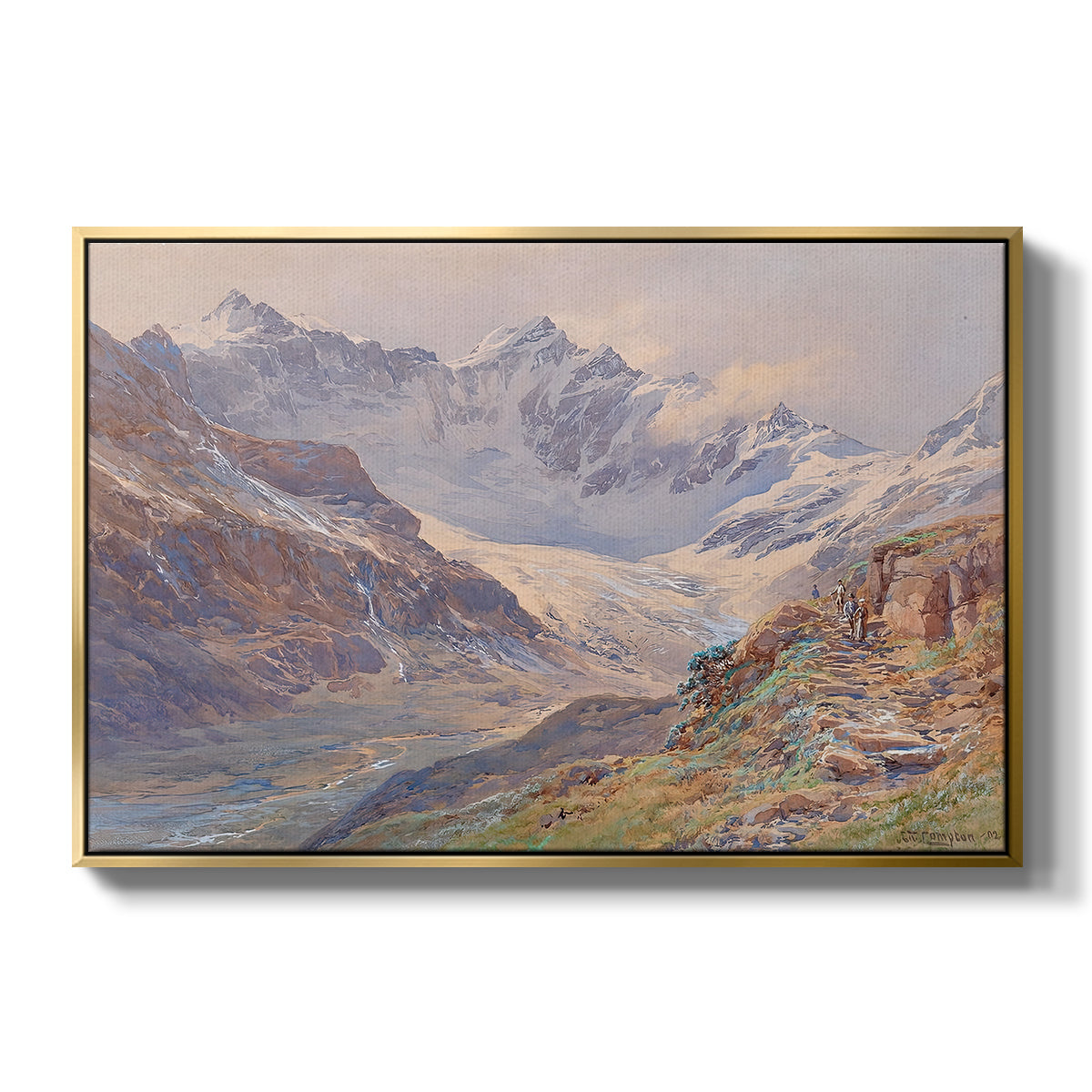 Odenwinklkees with the Johannisberg, 1902 by Edward Theodore Compton in a gold floater framed canvas wall art display.