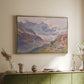 Gold floater framed canvas of Odenwinklkees with the Johannisberg, 1902 by Edward Theodore Compton, featuring a mountain scene with glacier stretching through rocky valley above a sideboard in a softly lit hallway.