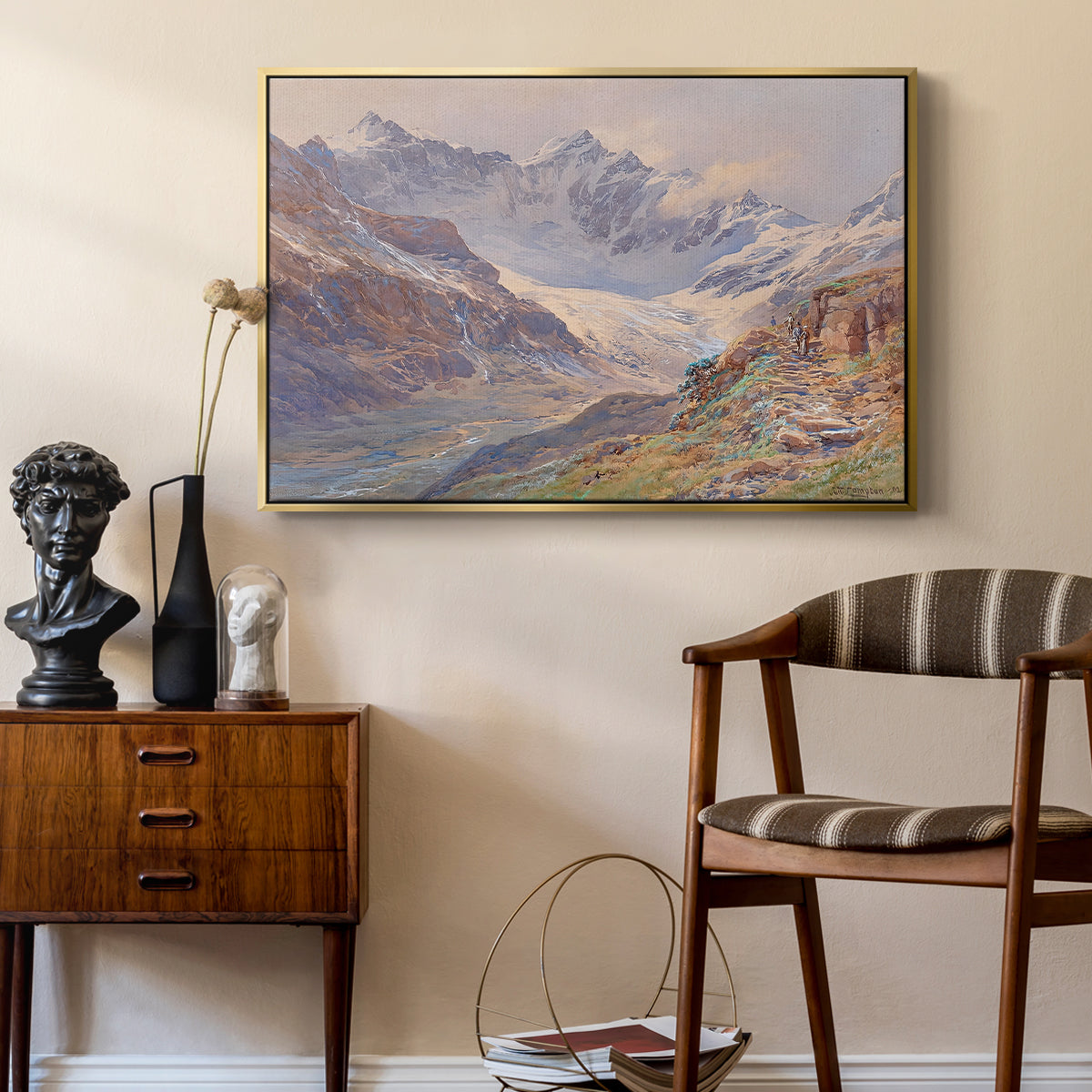 Odenwinklkees with the Johannisberg, 1902 by Edward Theodore Compton as a gold floater framed canvas featuring a realistic depiction of high-altitude snowy peaks, styled above a mid-century console in a contemporary living area.