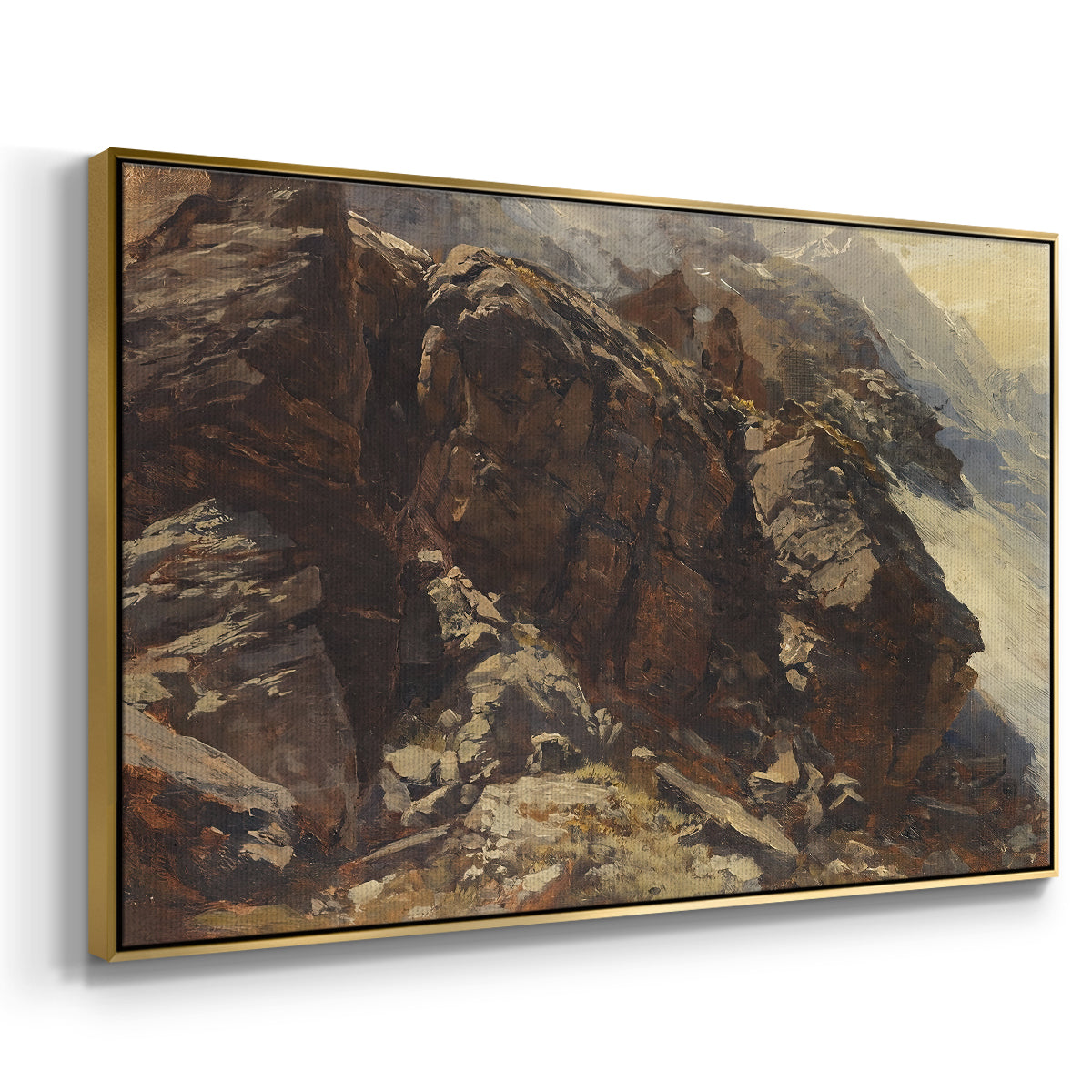 Angled view of High Mountain Study, c. 1870 by Edward Theodore Compton in a gold floater framed canvas.