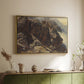 Gold floater framed canvas of High Mountain Study, c. 1870 by Edward Theodore Compton, featuring a detailed study of rugged mountain landscape with sharp contours above a sideboard in a softly lit hallway.