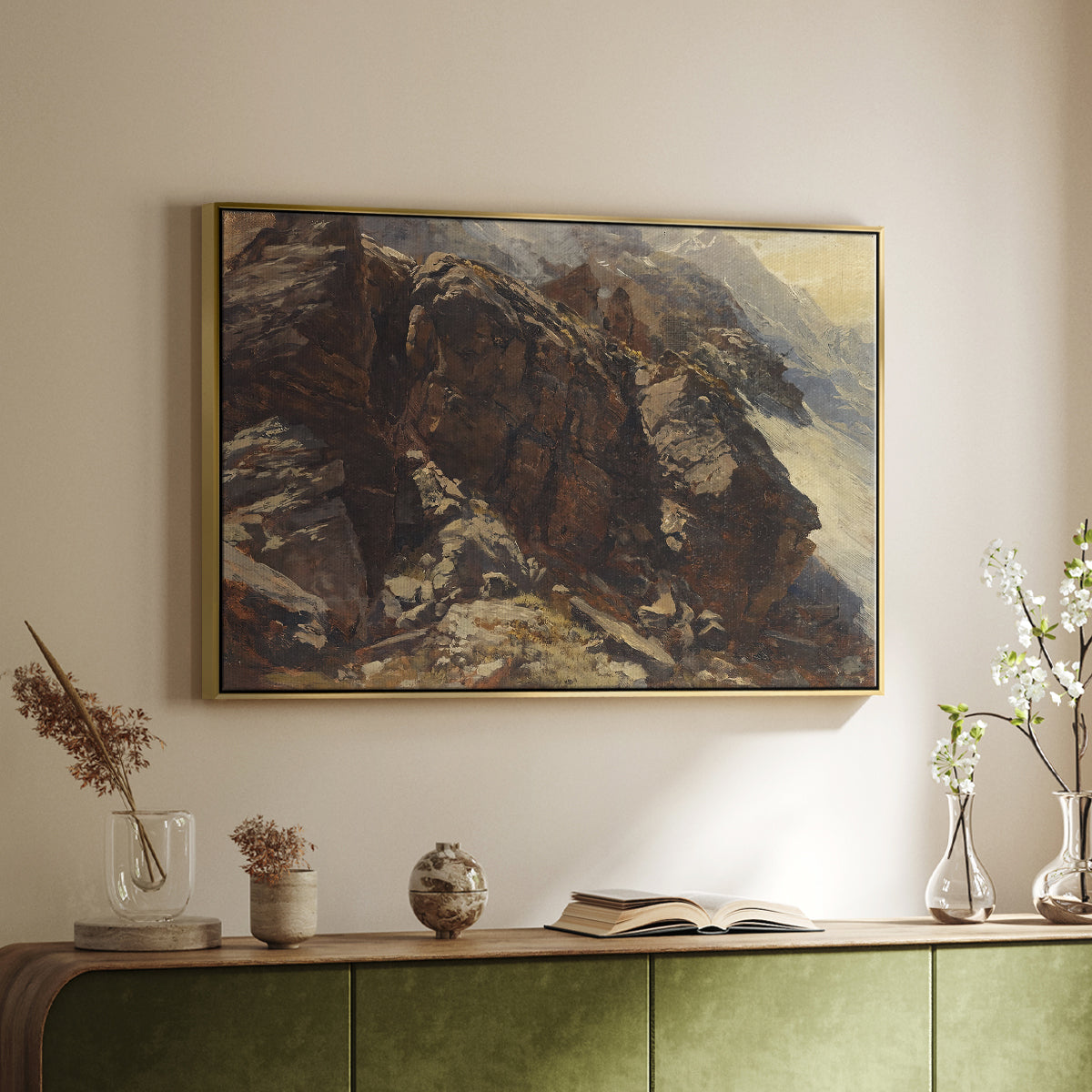 Gold floater framed canvas of High Mountain Study, c. 1870 by Edward Theodore Compton, featuring a detailed study of rugged mountain landscape with sharp contours above a sideboard in a softly lit hallway.