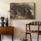 High Mountain Study, c. 1870 by Edward Theodore Compton as a gold floater framed canvas featuring a high-altitude scene with rocky formations and sparse vegetation, styled above a mid-century console in a contemporary living area.