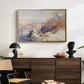 Col du Géant, 1903 by Edward Theodore Compton displayed in a gold floater framed canvas above a dark wood credenza in an entryway.