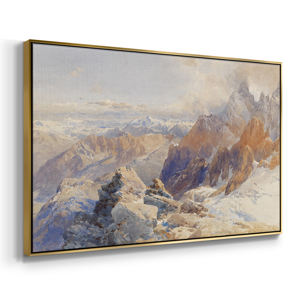 Angled view of Col du Géant, 1903 by Edward Theodore Compton in a gold floater framed canvas.