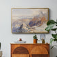 Col du Géant, 1903 by Edward Theodore Compton in a gold floater framed canvas featuring a mountain pass with snow-covered peaks and expansive alpine valley, displayed above a wood console cabinet.