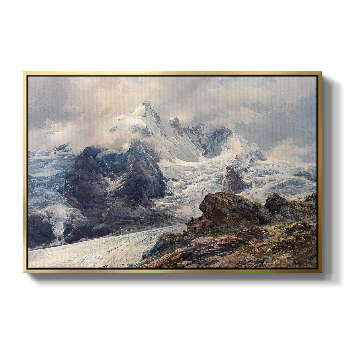 The Grossglockner, 1880 by Edward Theodore Compton in a gold floater framed canvas wall art display.