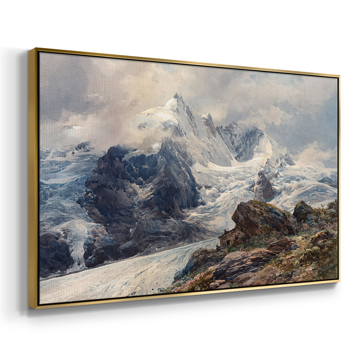 Angled view of The Grossglockner, 1880 by Edward Theodore Compton in a gold floater framed canvas.