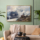 Gold floater framed canvas featuring an alpine peak dominating surrounding terrain, displayed above a sofa in a modern living room.