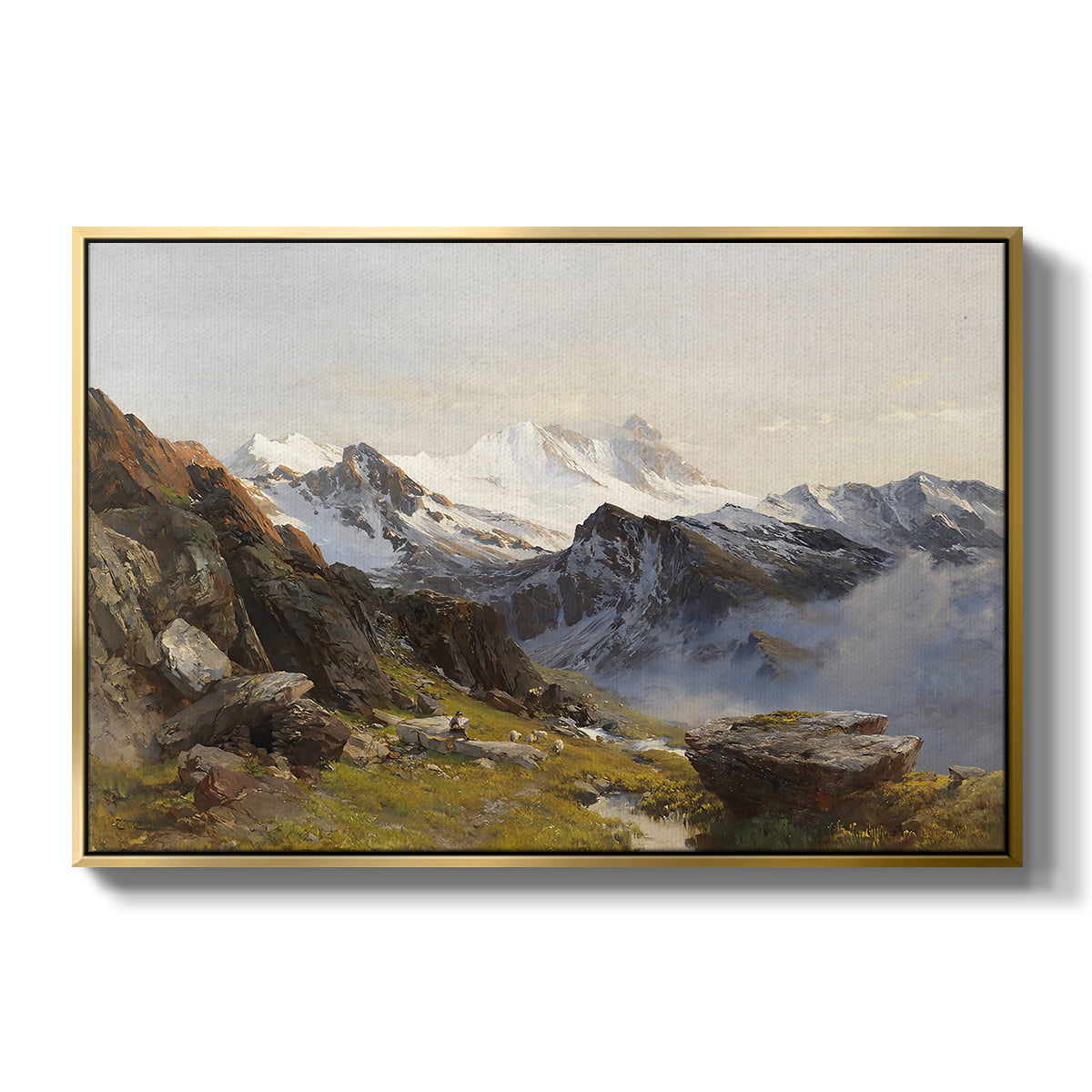 The Großglockner from the Prager Hut, 1890 by Edward Theodore Compton in a gold floater framed canvas wall art display.