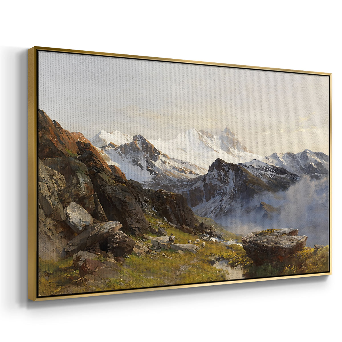 Angled view of The Großglockner from the Prager Hut, 1890 by Edward Theodore Compton in a gold floater framed canvas.