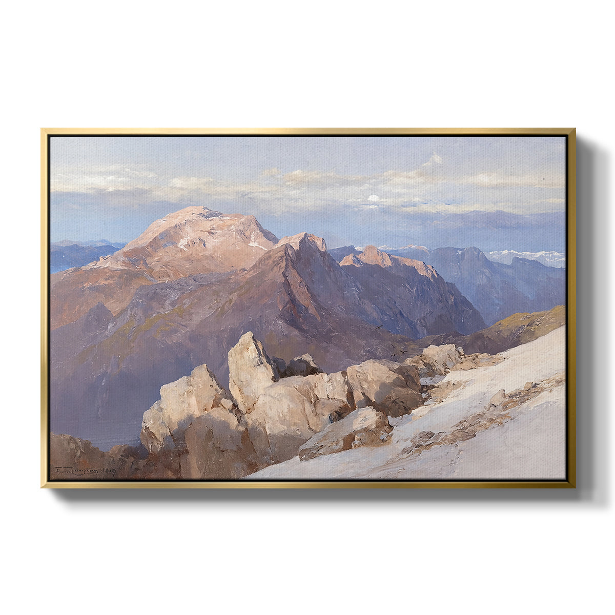 Hoher Göll from Watzmann-Hocheck, 1919 by Edward Theodore Compton in a gold floater framed canvas wall art display.