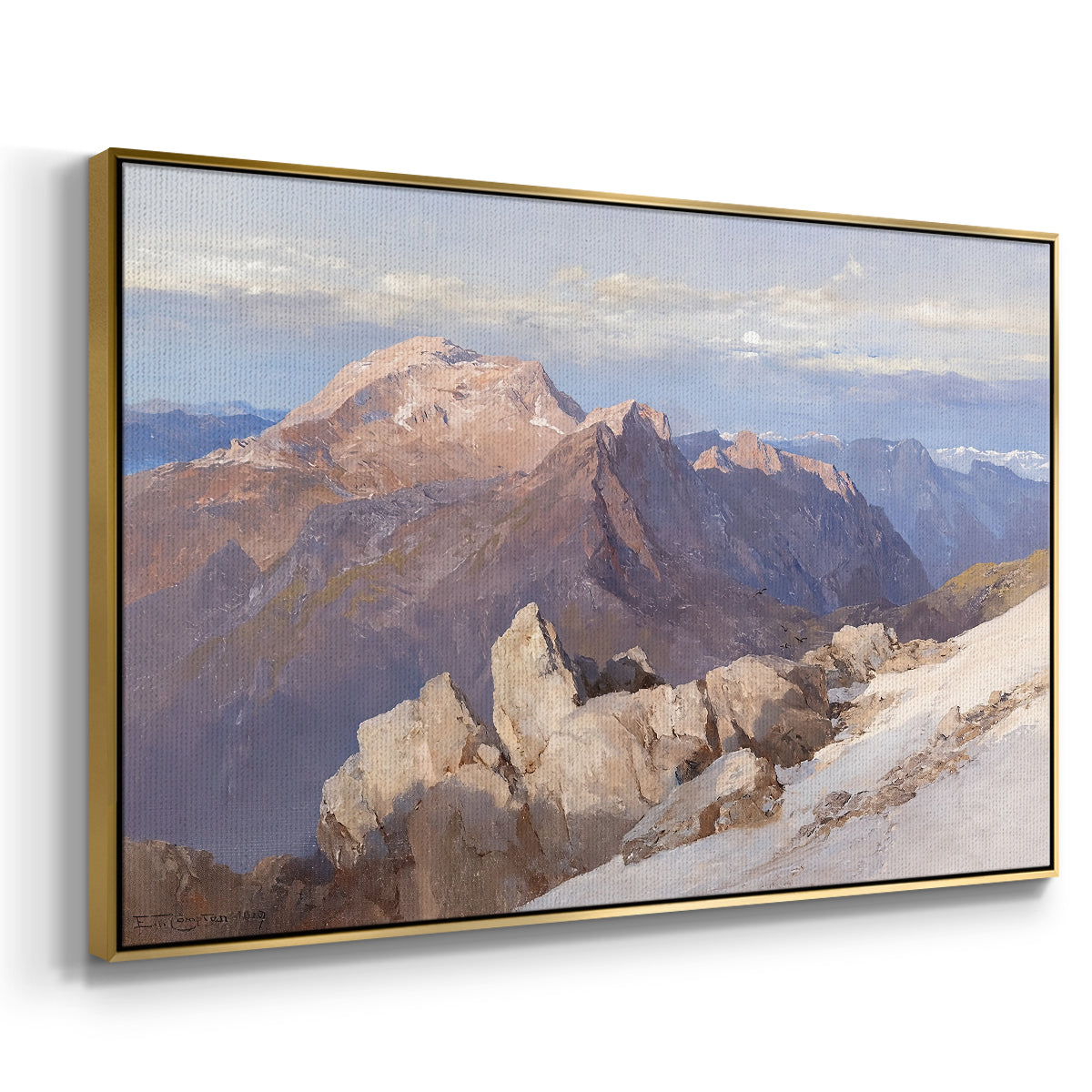 Angled view of Hoher Göll from Watzmann-Hocheck, 1919 by Edward Theodore Compton in a gold floater framed canvas.