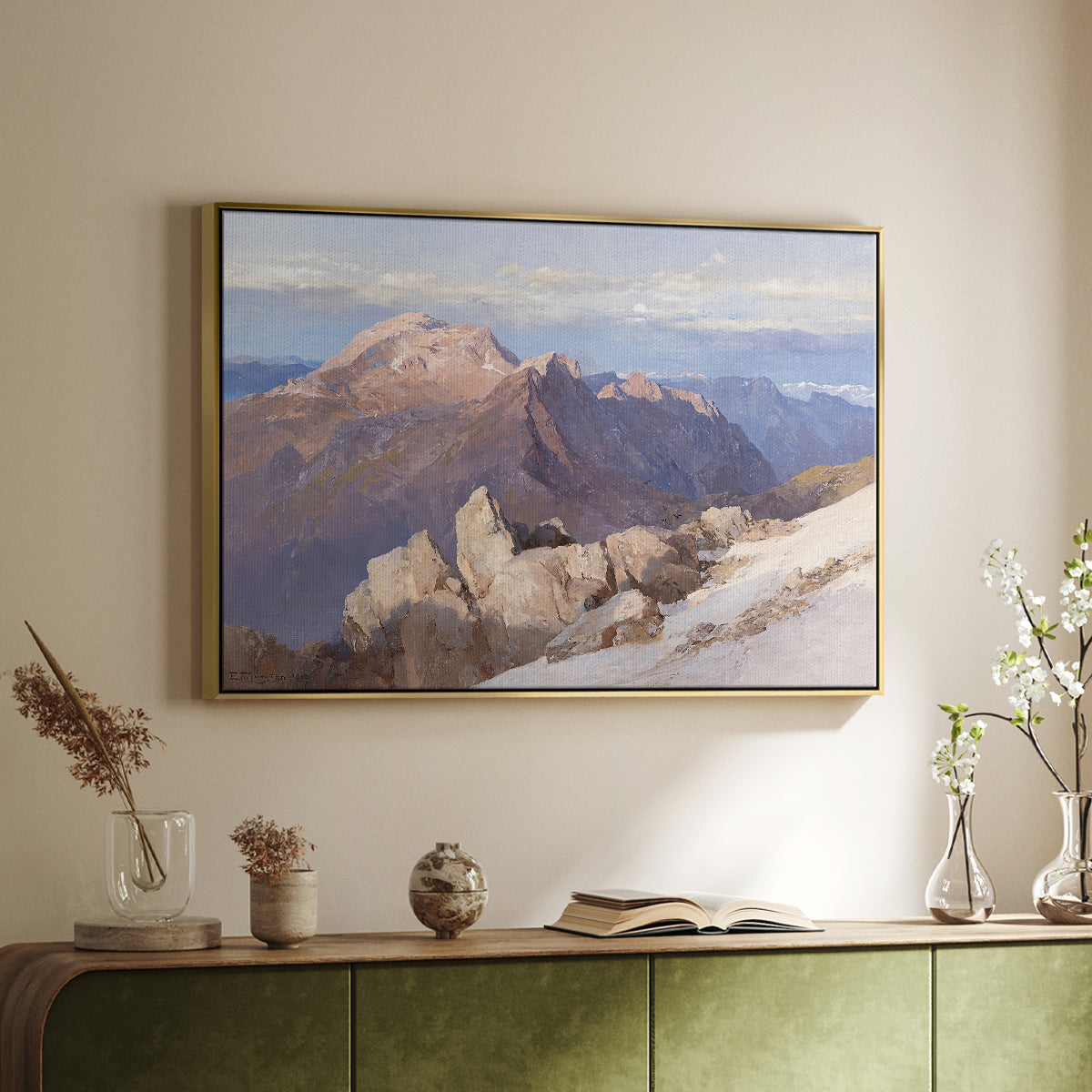 Gold floater framed canvas of Hoher Göll from Watzmann-Hocheck, 1919 by Edward Theodore Compton, featuring an alpine panorama showing layered peaks and valleys above a sideboard in a softly lit hallway.