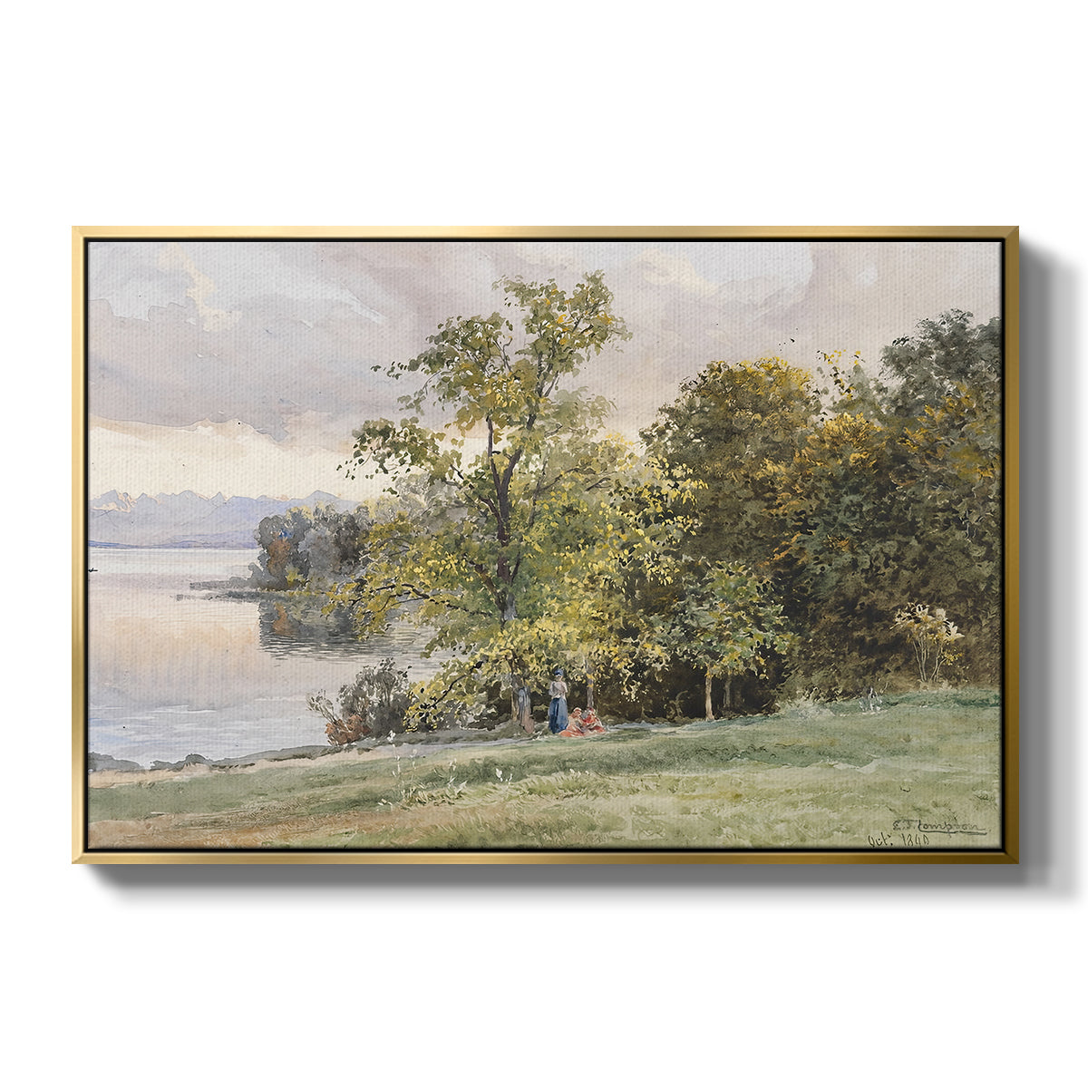 Landscape at Lake Starnberg, 1890 by Edward Theodore Compton in a gold floater framed canvas wall art display.