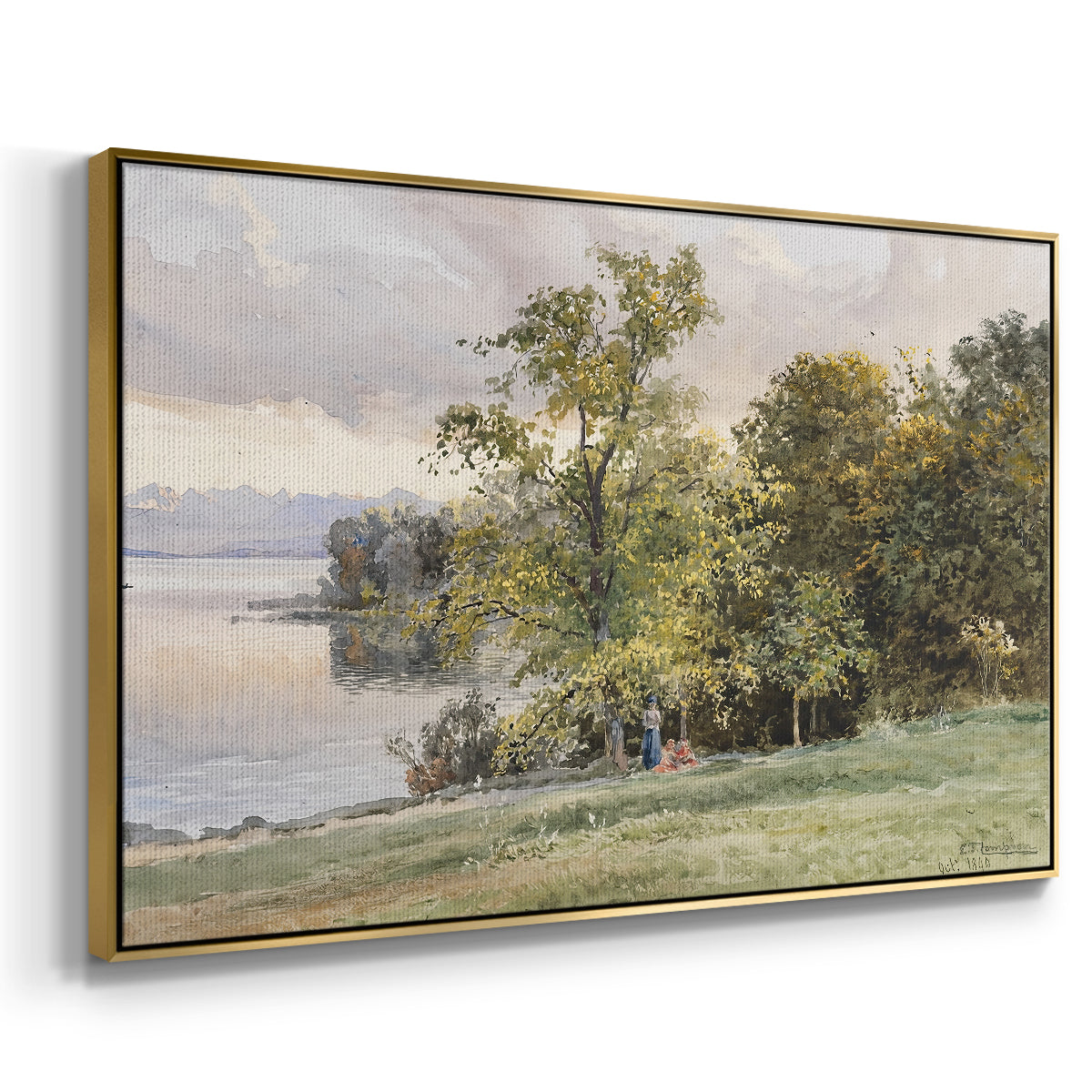 Angled view of Landscape at Lake Starnberg, 1890 by Edward Theodore Compton in a gold floater framed canvas.