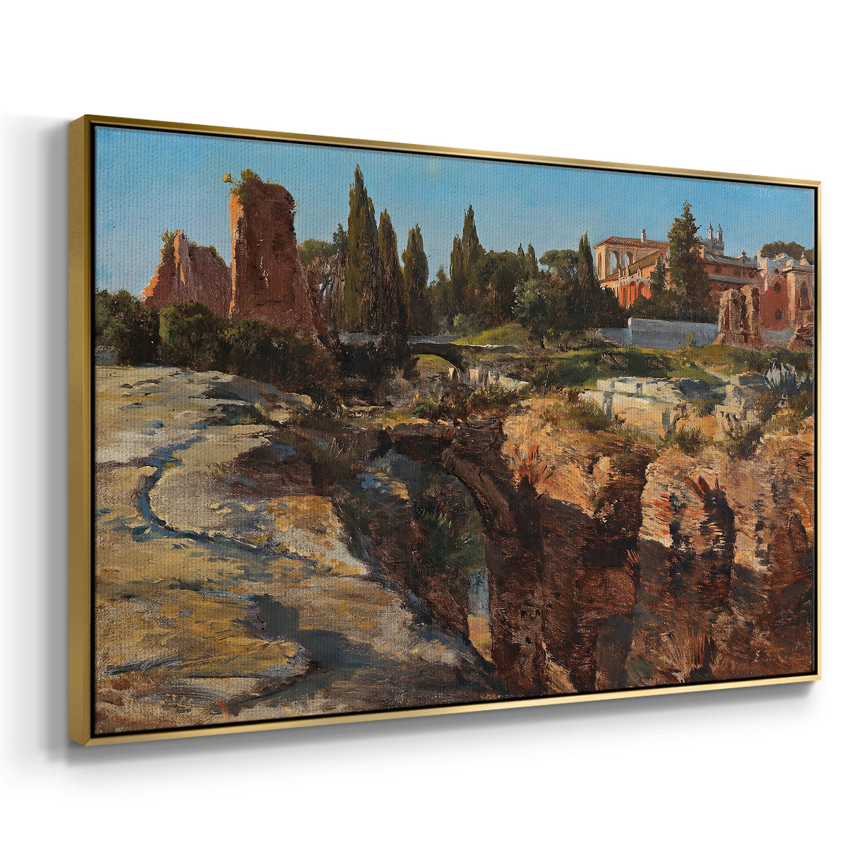 Angled view of Palatine in Rome, c. 1921 by Edward Theodore Compton in a gold floater framed canvas.