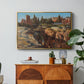 Palatine in Rome, c. 1921 by Edward Theodore Compton in a gold floater framed canvas featuring historic Roman ruins and buildings set within warm landscape, displayed above a wood console cabinet.