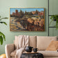 Gold floater framed canvas featuring a detailed depiction of historic Roman architecture, displayed above a sofa in a modern living room.