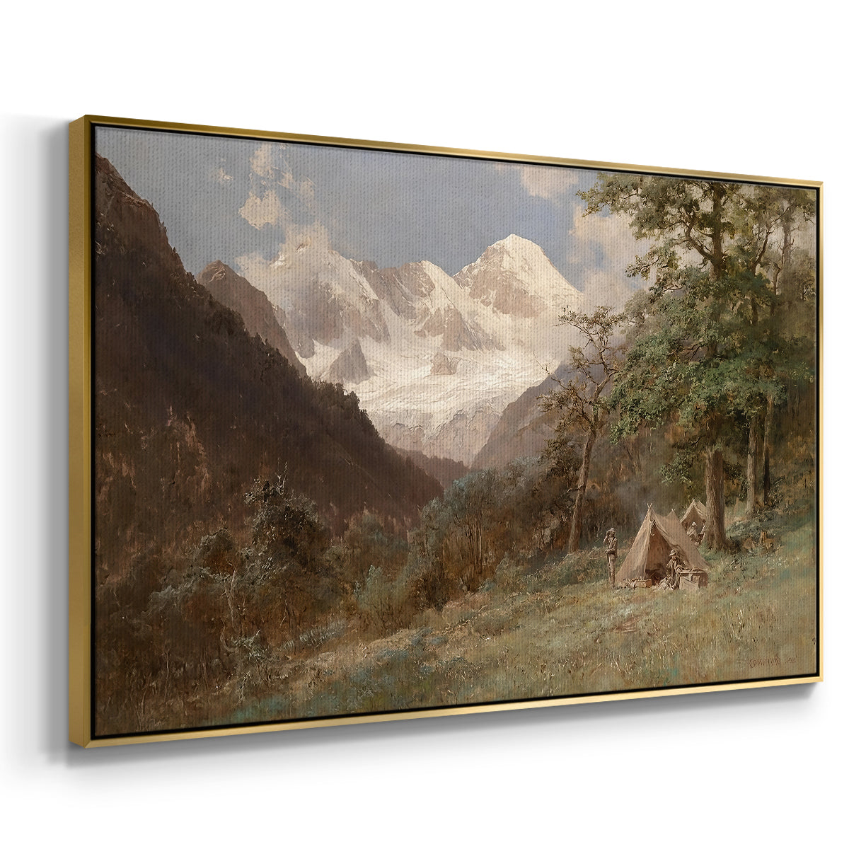 Angled view of Landscape in the Caucasus, c. 1921 by Edward Theodore Compton in a gold floater framed canvas.