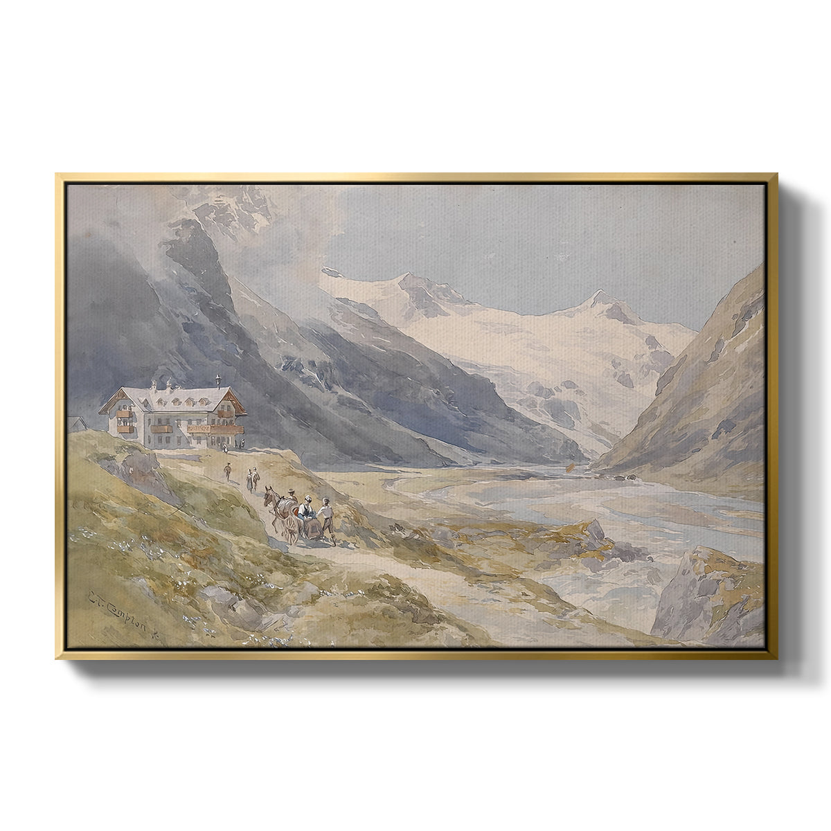 Shepherds (Pasterze), c. 1921 by Edward Theodore Compton in a gold floater framed canvas wall art display.